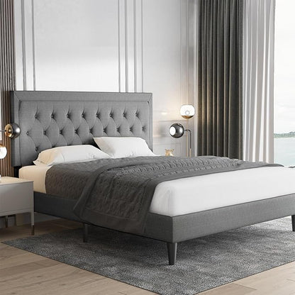 Allewie Full Size Upholstered Platform Bed Frame with Adjustable Headboard, Button Tufted, Wood Slat Support, Easy Assembly, Light Grey