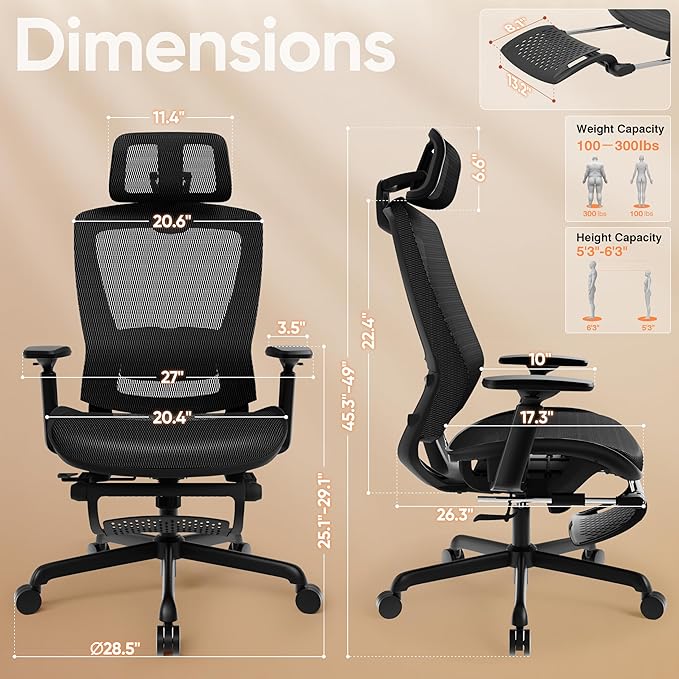 ELABEST T96E Ergonomic Mesh Office Chair with Adjustable Headrest & Footrest,Sturdy Computer Desk Chair - Adjustable Lumbar Support & Armrests,Comfort Wide Seat,Swivel Home Office Chair
