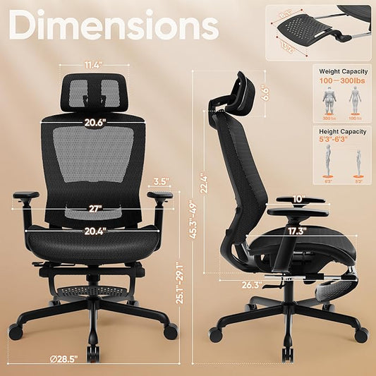 ELABEST T96E Ergonomic Mesh Office Chair with Adjustable Headrest & Footrest,Sturdy Computer Desk Chair - Adjustable Lumbar Support & Armrests,Comfort Wide Seat,Swivel Home Office Chair