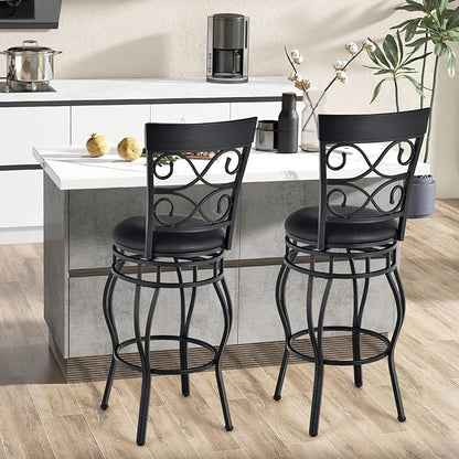 COSTWAY Bar Stools Set of 2, 360 Degree Swivel, 30" Bar Height Bar Stools, Leather Padded Seat Bistro Metal Bar Chairs with Back for Kitchen Island, Pub (Set of 2)