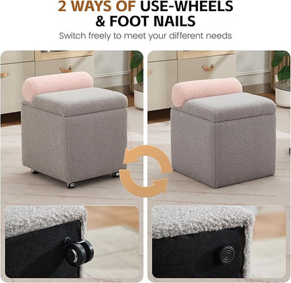 Boucle Vanity Chair with Storage, Swivel Makeup Vanity Chair with Wheels & Safety Hinge, Upholstered Vanity Stool Ottoman for Bedroom, Dressing Room, Grey
