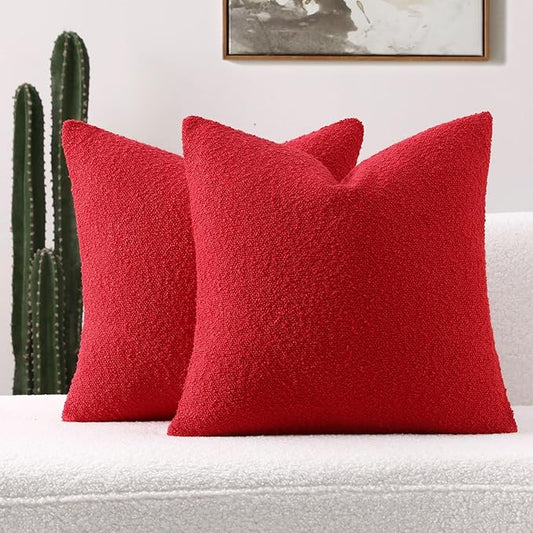 FUTEI Christmas Pack of 2 Red Decorative Throw Pillow Covers 22x22 Inch Soft Cozy Solid Boucle Textured Cushion Case,Modern Home Decor for Couch Bed Living Room