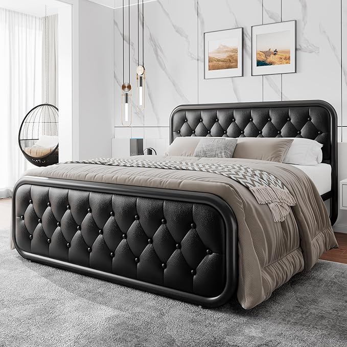 Full Size Metal Bed Frame with Button Tufted Leather Upholstered Headboard and Footboard, U-Shape Support Foundation, No Box Spring Required, Black