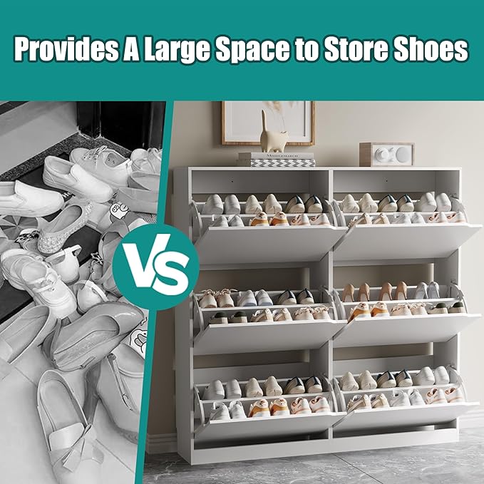 Shoe Storage Cabinet for Entryway with 6 Flip Drawers, Sturdy Wood Hidden Shoe Storage, Freestanding Narrow Slim Shoe Organizer for Front Door Entrance, Living Room, Hallway, Bedroom, White