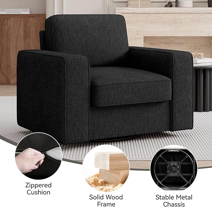 360 Rotation Swivel Accent Chair, FSC Certified 36'' Width Extra Wide Mid-Century Modern Armchair 1 pcs for Living Room, Bedroom, Office, Black