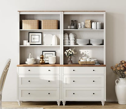 3 Tier Bookshelf with 3 Drawers, 72" Tall Bookcase Large Farmhouse Display Book Case Shelf with 3-Tier Open Book Shelfs，Library Wood Bookshelves for Living Room & Kitchen & Bedroom, Off White, 2 PCS