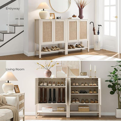 SICOTAS Shoe Storage Cabinet for Entryway - 5 Tier Rattan Entry Shoe Organizer Cabinet with Shelves & Doors, 2 Pieces Farmhouse Boho Shoe Rack for Hallway, Living Room, Closet (White Cream Oak)