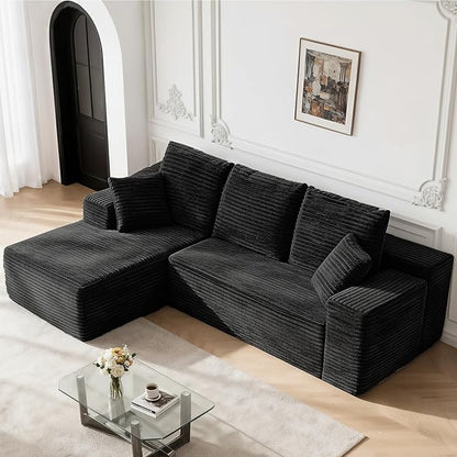 107" Boneless Couches for Living Room, Modular Cloud Sectional Couches L Shaped Sofa with Oversized Chaise Comfy Corduroy Home Sofa (Black, Left Facing Chaise)