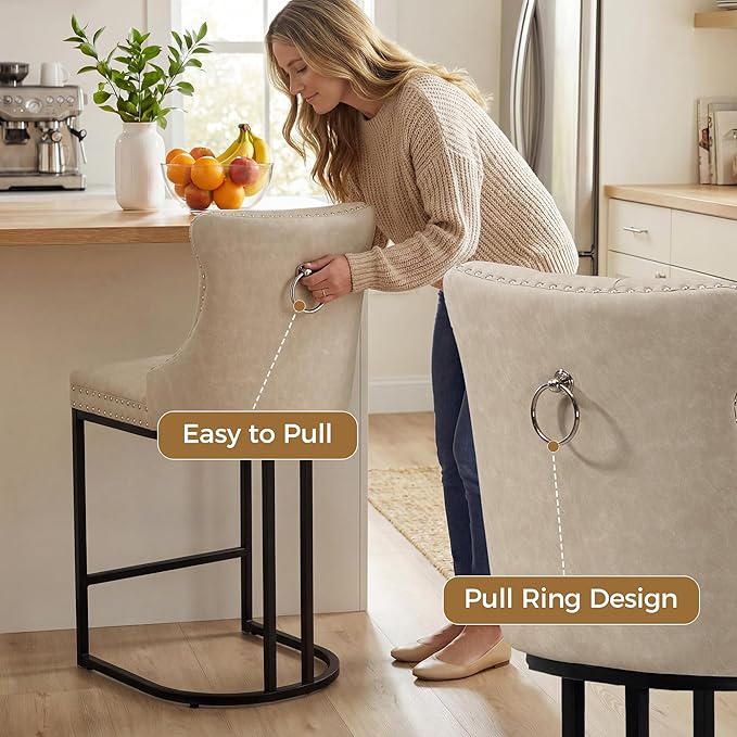 Counter Height Bar Stools Set of 3 for Kitchen Island, Modern Bar Stools with Backs, 26 Inch Barstools with Upholstered Faux Leather Seat and Metal Frame, Beige
