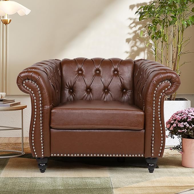 2 Piece Living Room Sofa Set, 3 Seater Faux Leather Sofa Couch and Chair Set, Mid Century Modern Upholstered Couch with Cushions, Vintage Comfy Tufted Chesterfield Couches for Bedroom, Office (Brown)