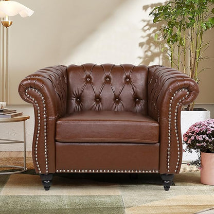 2 Piece Living Room Sofa Set, 3 Seater Faux Leather Sofa Couch and Chair Set, Mid Century Modern Upholstered Couch with Cushions, Vintage Comfy Tufted Chesterfield Couches for Bedroom, Office (Brown)