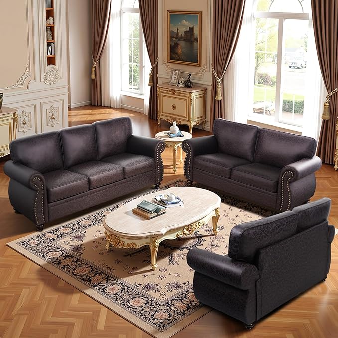 Mid-Century Vintage Sofa Couches with Rivet Design,loveseat Sofa,Removable Sofa Cover Upholstered Cushions and Solid Wood Frame (Brown, Loveseat)