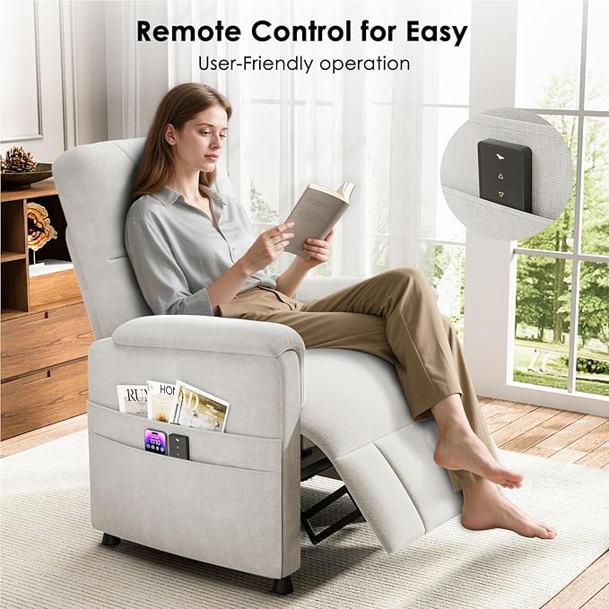 Amada Power Recliner Chair for Adults, Chenille Electric Reclining Chair for Small Spaces with Remote & Side Pockets, Thick Seat Cushion for Home Theater, RV, Living Room & Bedroom (Chenille White)