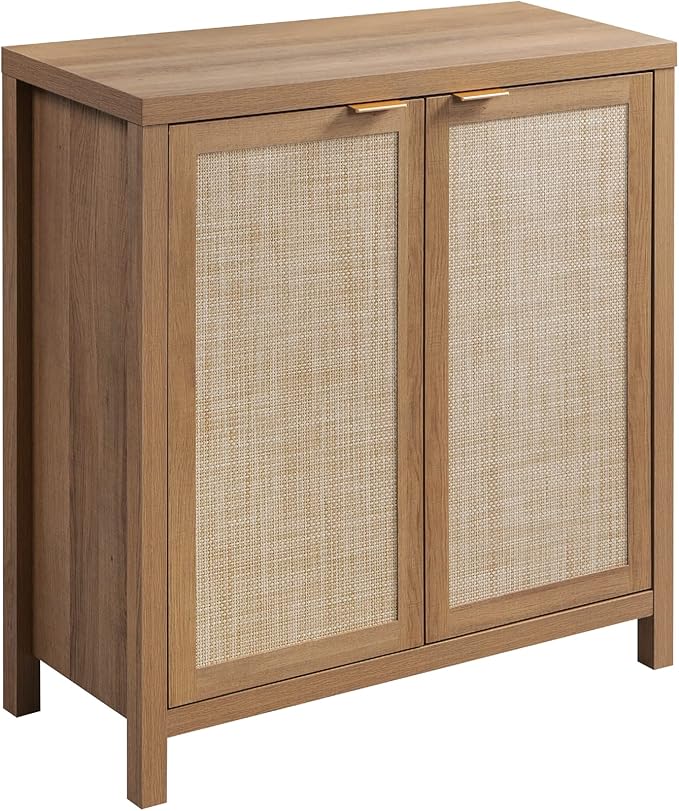 SICOTAS Sideboard Buffet Cabinet with Large Storage - Boho Rattan Credenza Coffee Bar Cabinets with Adjustable Shelves, Buffet Console Table for Kitchen Living Room Hallway - Oak