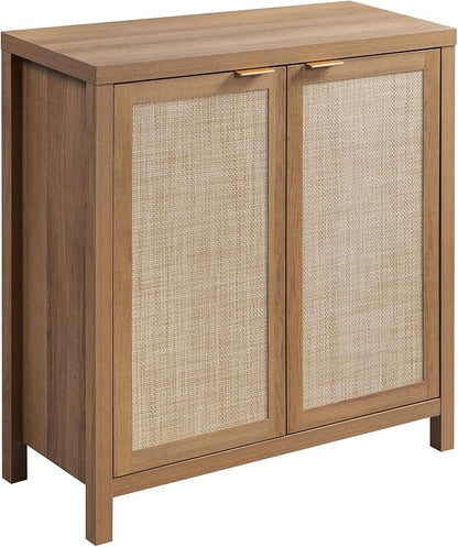 SICOTAS Sideboard Buffet Cabinet with Large Storage - Boho Rattan Credenza Coffee Bar Cabinets with Adjustable Shelves, Buffet Console Table for Kitchen Living Room Hallway - Oak