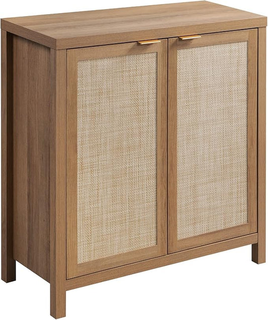 SICOTAS Sideboard Buffet Cabinet with Large Storage - Boho Rattan Credenza Coffee Bar Cabinets with Adjustable Shelves, Buffet Console Table for Kitchen Living Room Hallway - Oak