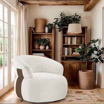 Swivel Barrel Accent Chairs-Modern Round Club Arm Chair Upholstered Living Room Armchair, Single Sofa Seating Bedroom Side Reading Seat for Living Roon Office (White,1 Pack)