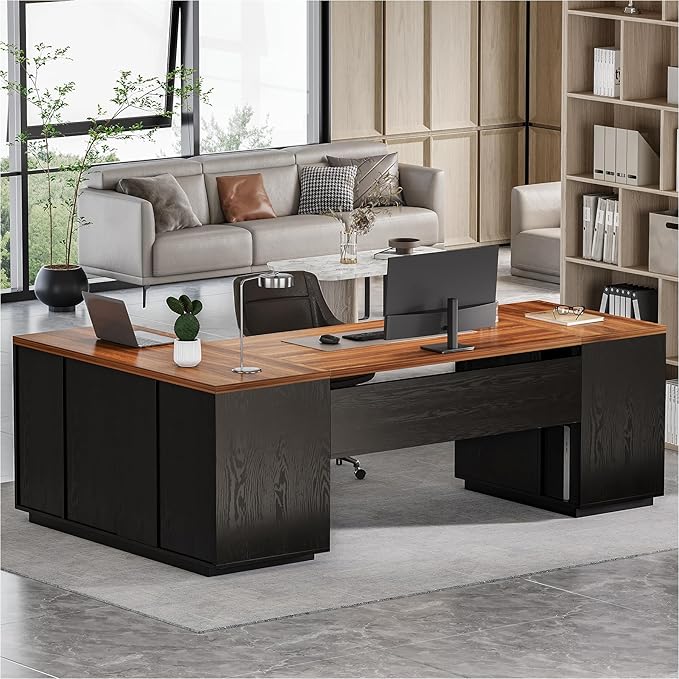 LITTLE TREE 87-Inch Modern Executive Desk with File Cabinet, Large Home Office Desk with Drawers, 3-Drawer Wooden File Cabinet, Spacious Workstation for Home Office (Brown & Black)