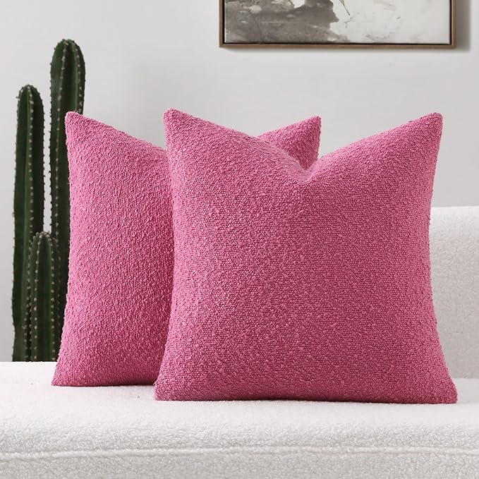 FUTEI Pack of 2 Hot Pink Decorative Throw Pillow Covers 16x16 Inch Soft Cozy Solid Boucle Textured Cushion Case,Modern Home Decor for Couch Bed Living Room