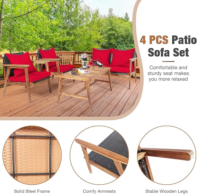 COSTWAY 4 Pieces Acacia Wood Patio Conversation Set, Outdoor Wicker Sofa with Coffee Table & Cushions, Patio Rattan Furniture Set for Yard, Porch, Poolside, Balcony, Backyard, Red
