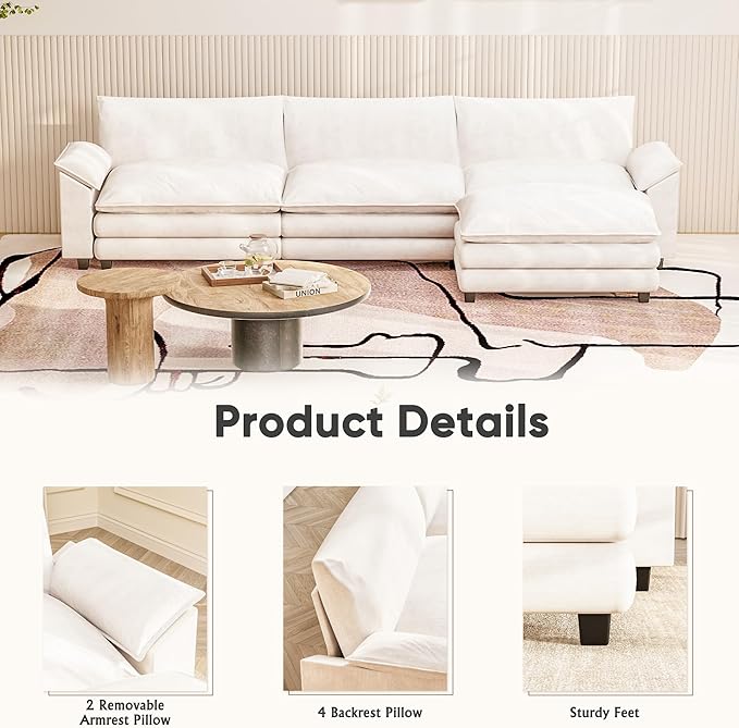 Furniwell Modular Sectional Sofa with Moveable Ottoman, Oversized 3-Seater Couch with Supportive Backrest, Chenille Convertible Sofa Couches for Living Room/Apartment (Whtie, L Shaped)