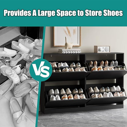 Shoe Storage Cabinet for Entryway with 4 Flip Drawers, Sturdy Wood Hidden Shoe Storage, Freestanding Narrow Slim Shoe Organizer for Front Door Entrance, Living Room, Hallway, Bedroom, Black
