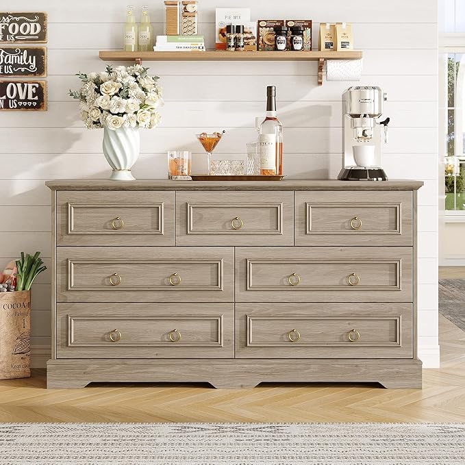 Maupvit Dresser, Vintage Design Wood Rustic Chest of Drawers with Natural Texture, Sturdy & Durable Farmhouse Dresser, Ideal Storage Dressers for Living Room (Grey, 7 Drawers)
