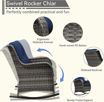 Outdoor Rocking Chair of 2, Wicker Patio Rocker Chair for Yard, Porch, Mixed Brown Grey Rattan, Blue Cushions