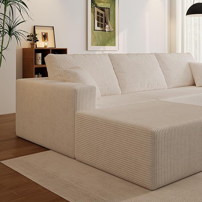 110" Boneless Cloud Sectional Couch for Living Room, Compressed Modular L-Shaped Sofa with Deep Seat, Frameless Corduroy Couch in Boxes, No Assembly Required 3-Seater (Left-Facing Chaise, Beige)
