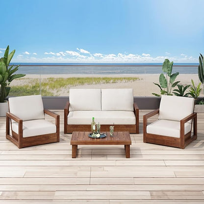 Christopher Knight Home Olaf 4 Pieces Outdoor Conversation Set, Acacia Wood Chat Set, Rectangular Coffee Table and Patio Loveseat with 2 Club Chairs, Patio Furniture Set with Cushion, Beige+Mocha