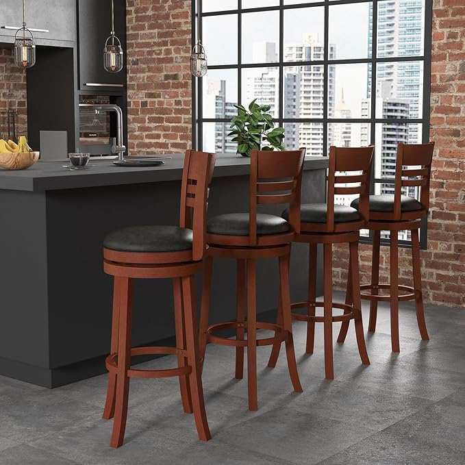 COSTWAY Bar Stools, 360-Degree Swivel Bar Chairs with PU Upholstered Seats, Solid Rubber Wood Backrests, Footrests & Legs, Bar Height Stools with Backs for Kitchen, Bar, Brown (4)