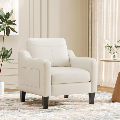 PU Leather Accent Chair, Mid-Century Modern Living Room Armchair Sofa with Removable Cushions, Solid Wood Frame & Stitched Armrest Design, Bedroom Chair with Plastic Legs, Beige