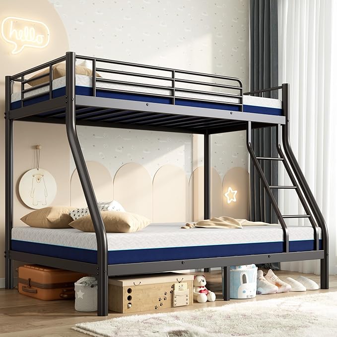 soges Twin Over Full Metal Bunk Bed Set with 6" Mattresses Included, All-in-One Bunk Bed for Kids/Adults, Heavy Duty Sturdy Bed Frame with Ladder & Guardrail, with Memory Foam Mattress, Easy Assembly