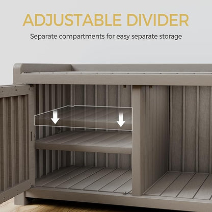 Storage Bench - Waterproof Resin Shoe Bench with Adjustable Shelves - Indoor & Outdoor Use, 2 Doors Entryway Bench with Hidden Storage Space - Storage Cabinet for Bedroom, Hallway, Grey