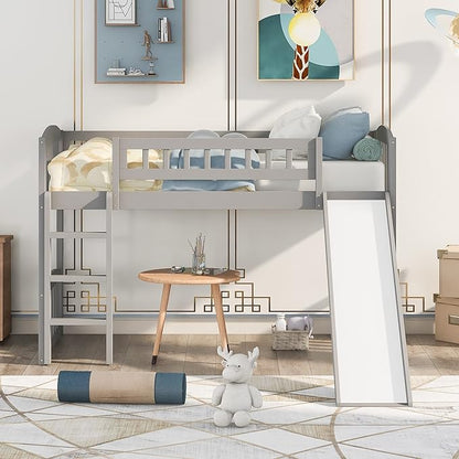 Twin Size Loft Bed with Slide and Ladder,Multifunctional Solid Wood Bed Frame,w/Safety Guardrail & 14 Support Slats,No Box Spring Needed,Easy to Install,for Kids,Teens,Girls,Boys,Grey