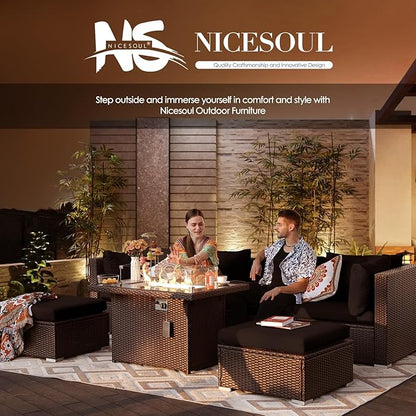 NICESOUL 9 Piece Patio Furniture Set with Fireplace Natural Gas/Propane, 29.3'' High Back Large Wicker Outdoor Sectional Sofa Sets, Deep Seat Sitting Area Backyard, Brown Rattan and Black Cushion