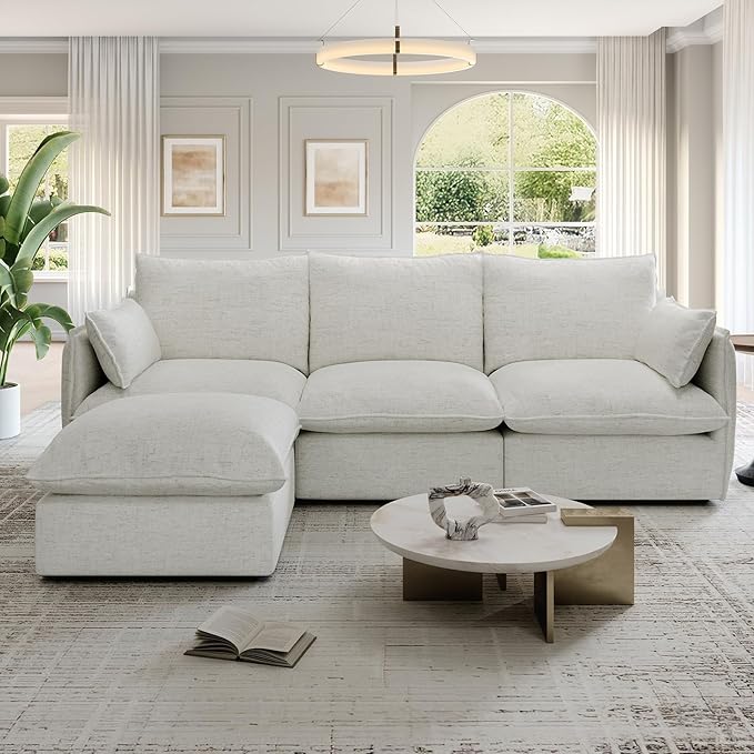 94.6" Cloud Modular Sectional Sofa, Waterproof Down Filled Sectional Sofas, High Backrest L Shaped 3 Seater Sectional Couches with Ottoman, Modular Couch with Removable Cover, Cream White