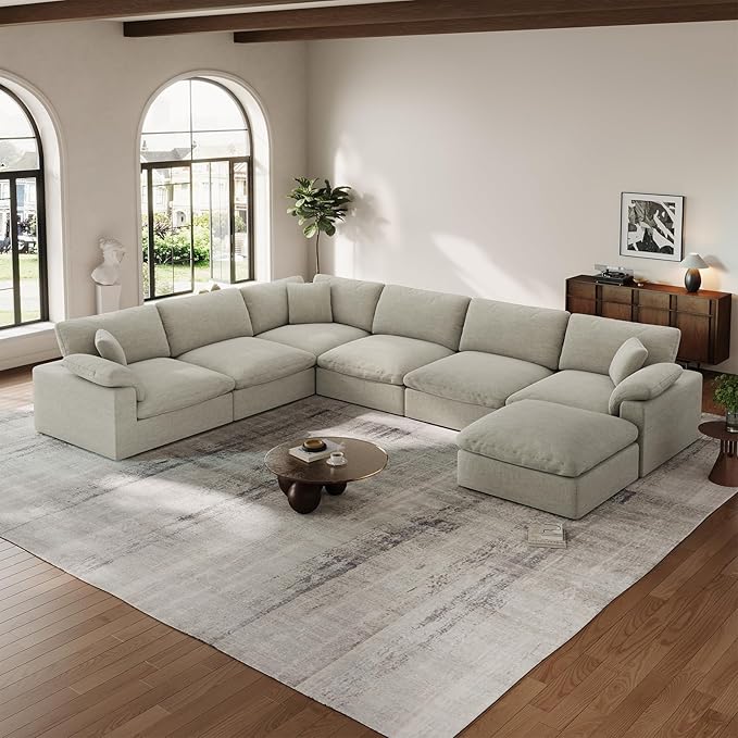 Cloud Modular Couch for Living Room,7 Seater U Shape Linen Blend Sofas,Modern Deep Seat Cloud Sofas,Convertible Comfort Down Filled Sectional Couches,Removable Washable Cushion Covers,Light Biege