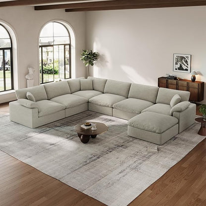 Cloud Modular Couch for Living Room,7 Seater U Shape Linen Blend Sofas,Modern Deep Seat Cloud Sofas,Convertible Comfort Down Filled Sectional Couches,Removable Washable Cushion Covers,Light Biege