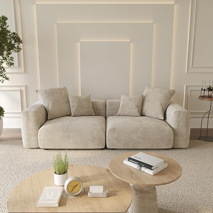 WJShome Cloud Couch Modular Sectional Sofa,102inch Corduroy Couch 2 Seater LoveSofa,Beige Convertible Sectional Sofa for Living Room, Cushion Covers Removable& Washable