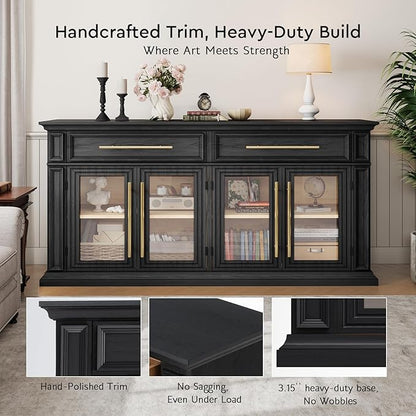 LGHM 63" Sideboard Buffet Cabinet with Drawers, Modern Kitchen Storage Cabinet with Adjustable Shelves and Magnetic Catch Doors, Wood Coffee Bar for Kitchen, Living Room, Black
