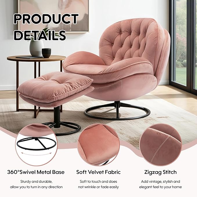 Set of 2 360° Swivel Modern Velvet Accent Chair with Ottoman | Mid-Century Button Tufted Lounge Chair for Living Room & Bedroom, Pink