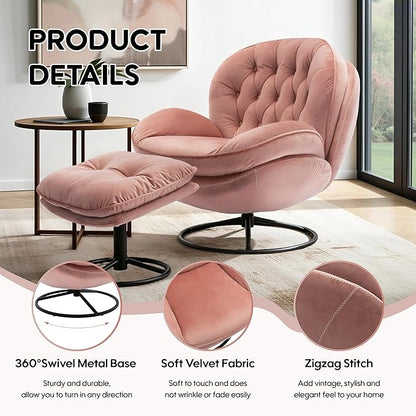 Set of 2 360° Swivel Modern Velvet Accent Chair with Ottoman | Mid-Century Button Tufted Lounge Chair for Living Room & Bedroom, Pink
