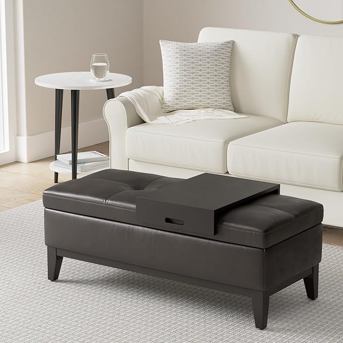 SIMPLIHOME Oregon 42 inch Wide Contemporary Rectangle Storage Ottoman Bench with Tray in Tanners Brown Vegan Faux Leather, Assembled, For the Living Room, Entryway and Family Room