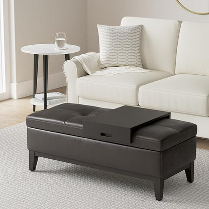SIMPLIHOME Oregon 42 inch Wide Contemporary Rectangle Storage Ottoman Bench with Tray in Tanners Brown Vegan Faux Leather, Assembled, For the Living Room, Entryway and Family Room