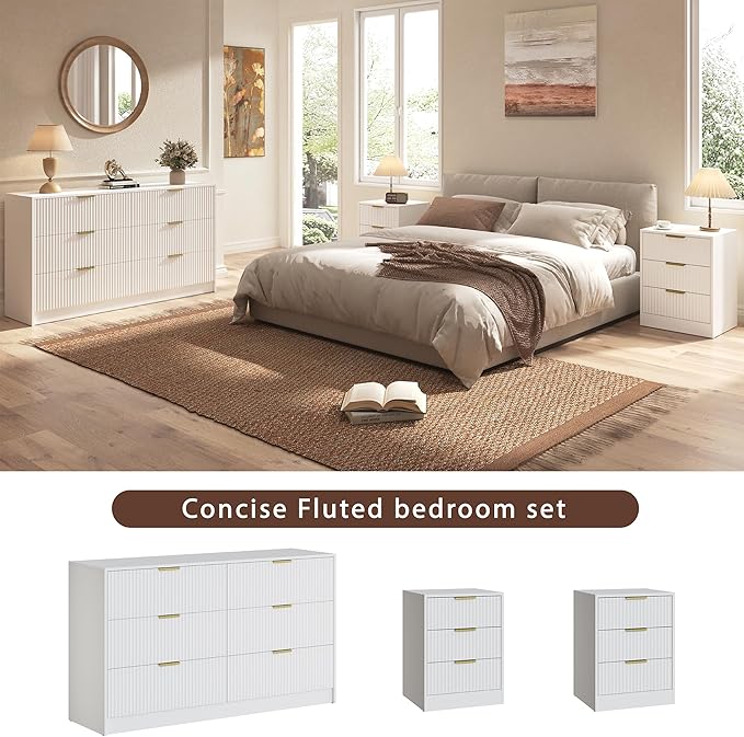 3-Piece Modern Bedroom Furniture Set, Wide 6-Drawer Dresser & 3-Drawer Nightstands Set of 2, Natural Wood Dresser and Nightstand Sets for Bedroom, Hallway, White