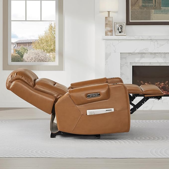 Watson & Whitely Oversized Genuine Leather Power Recliner Chairs for Big and Tall, Extra Wide Lay Flat Recliner with Power Headrest & Cup Holders, Electric Reclining Sofa for Living Room, Saddle