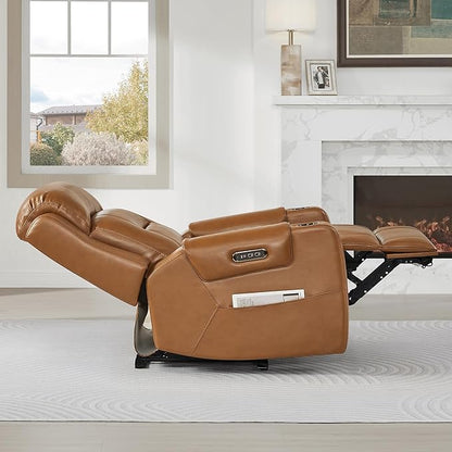 Watson & Whitely Oversized Genuine Leather Power Recliner Chairs for Big and Tall, Extra Wide Lay Flat Recliner with Power Headrest & Cup Holders, Electric Reclining Sofa for Living Room, Saddle