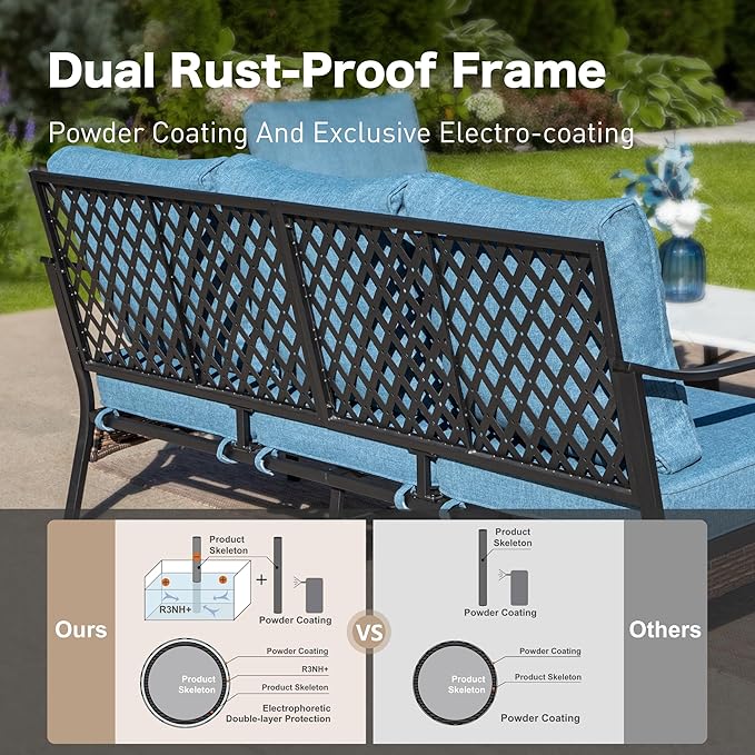 6 Piece Metal Outdoor Patio Furniture Set, Patio Conversation Set with Swivel Chair and 5.75" Thick Cushion & Coffee Tabl, Outdoor Seating Black Frame Backyard Furniture, Denim Blue