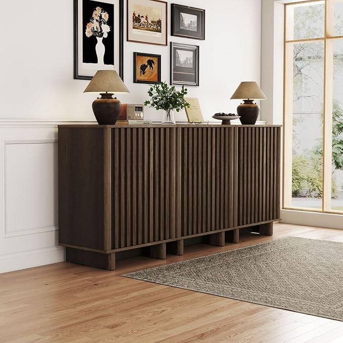 Sideboard Buffet Cabinet with Storage, Walnut Freestanding Floor Cabinet Farmhouse Sideboard with 2 Fluted Doors Wooden Hallway Cabinet Media Console Table Credenza for Living Room Dining Room, 3PCS